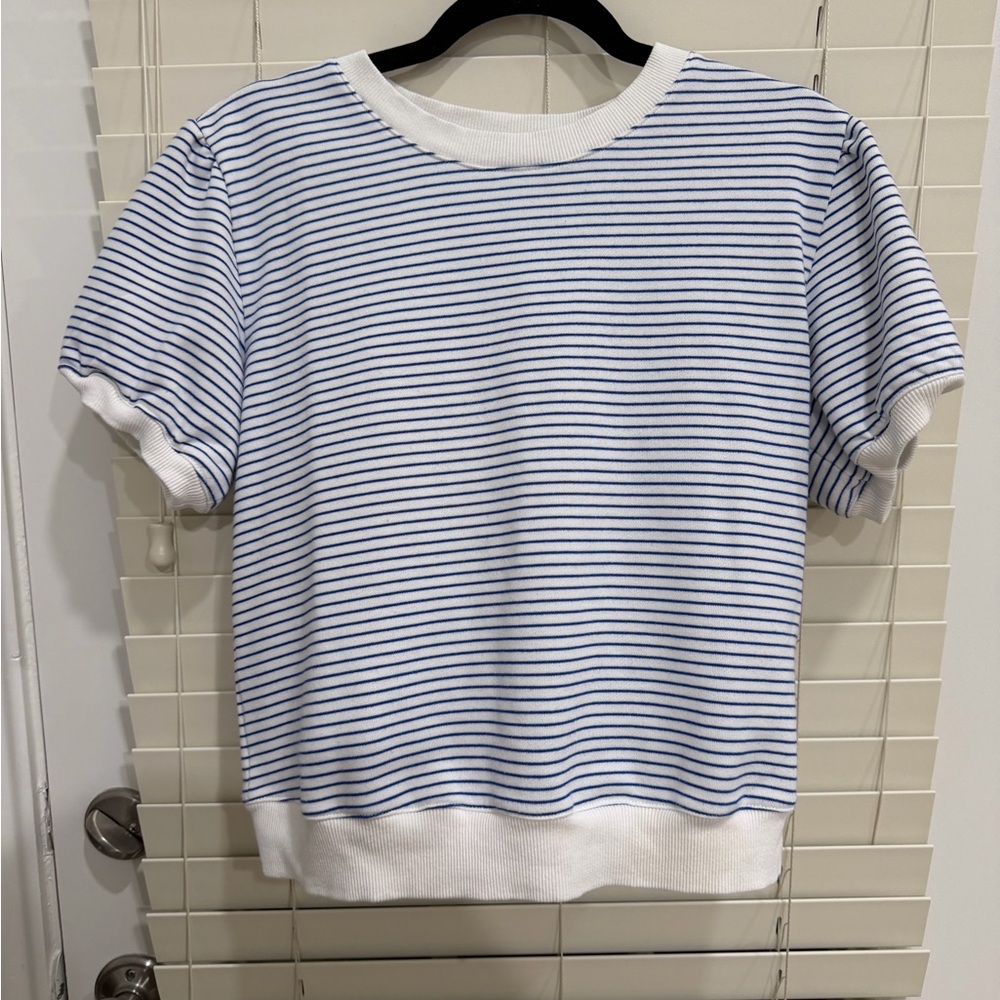Striped Blue and White Short Sleeve Sweater top